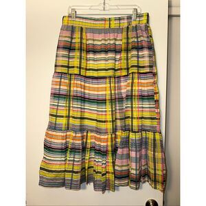 Vilagallo Women’s Size 46 Astrid Check Tiered Cotton Maxi Skirt Yellow Colorful